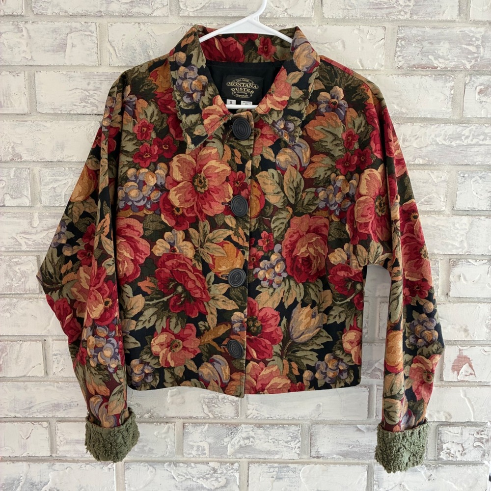 Great Montana Duster Floral Tapestry Cropped Jacket Vintage 80s 90s Made USA S
